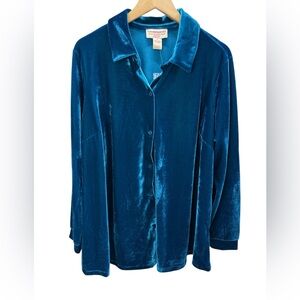 The Vermont Country Store Jewel Toned Velvet Button Front Blouse Long Sleeve 1X